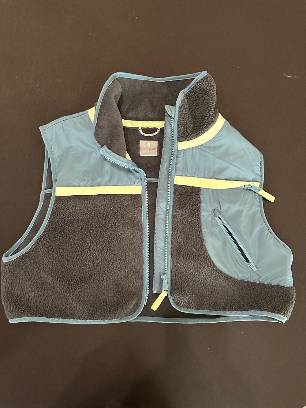 Free People Teal Blue Sherpa Vest with Yellow Trim